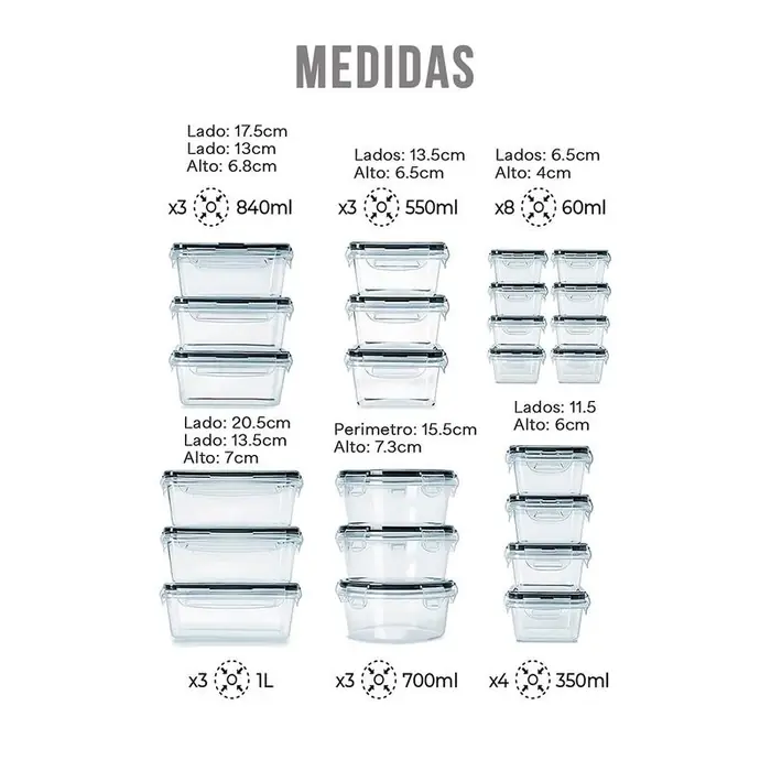 Medidas y capacidades de las 24 piezas